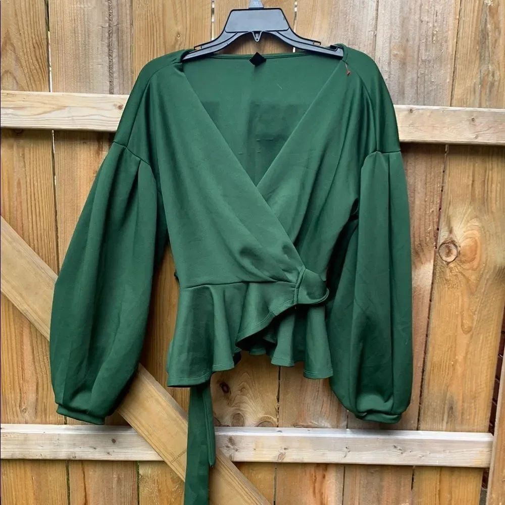 SHEIN Green Wrap Peplum Blouse Long Sleeve